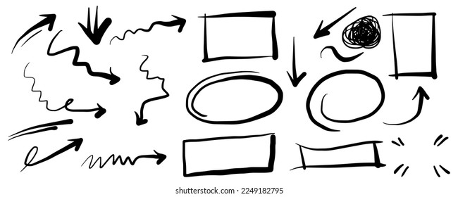 Doodle elements for concept design on set. isolated on white background. Infographic elements. emphasis, curly, swirl, arrow, circle, square box and scribble. vector illustration.