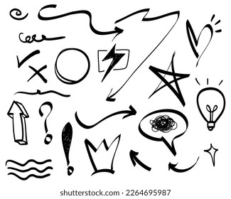 Doodle elements for concept design on set. isolated on white background. Infographic elements. emphasis, curly, swirl, arrow, circle, star and scribble. vector illustration