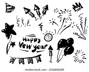 Elementos Doodle para el diseño de año nuevo feliz concepto en set. aislado de fondo blanco. Elementos infográficos. globo, estrella, fuegos artificiales, cohete, estallido estelar, borde. ilustración vectorial.