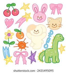 Doodle elementos de dinosaurio, cachorro, gato, conejo, cereza, flor, corazón, estrella, cinta para el personaje de dibujos animados, cómic, mascota, logotipo de la marca, icono, etiqueta, tatuaje, animales, compras de comestibles, picnic, verano