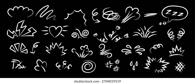 Doodle elements feature hand-drawn sketches on black backdrop perfect for adding a playful touch to designs and illustrations representing creativity, imagination and whimsical expression.