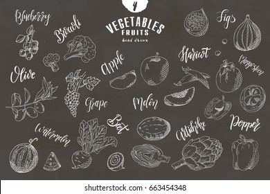 Doodle elements of fruit and vegetable. Hand drawn shetches. Vector illustration of healthy food.