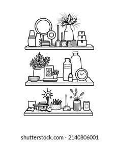 doodle elements. Home decor items in doodle style. Illustration of shelves with different interior items.