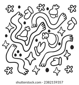 doodle Elemente im minimalistischen Stil zu einem Winterthema. Schals, Fäuste, Fäuste, Sterne, Schneeflocken.Template für Druck, Aufkleber, Färbung, Header, Artikel, Kinderbuch, Spielzeug, Dekoration.