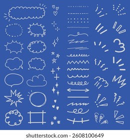 Doodle elements on blue: arrows, clouds, stars, lines. Fun doodles, creative arrows, playful clouds. Stars, lines, arrows for creative design. Colorful doodle elements, vector set.