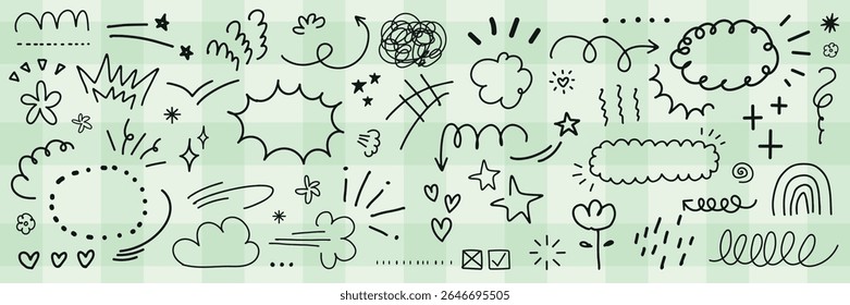 Doodle elements on green background. Clouds, stars, hearts, and flowers. Doodle art with clouds, stars, and hearts. Fun and playful doodle design. Black hand drawn elements, vector set.