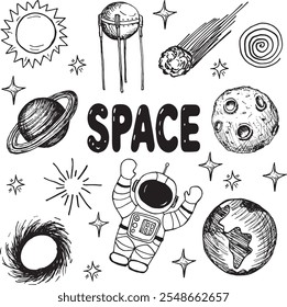 Doodle elements on the theme of space: stars, earth, moon, satellite, astronaut, sun, comet and satellite, hand-drawn illustrations on a white background.