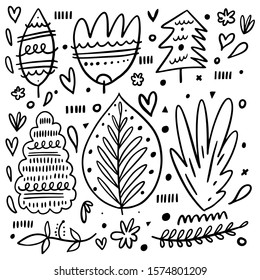 Doodle elements pattern. Black ink. Hand drawn vector illustration. Isolated on white background.