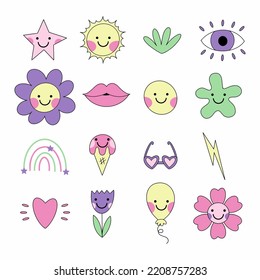 Doodle elements in retro style. Set of vaporwave flower stickers. 2000s aesthetic.