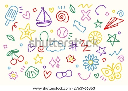 Doodle elements scatter in a seamless pattern with handdrawn crayon strokes, featuring hearts, star, flower, cloud, boat, butterfly, and paper plane. Symbol mix conveys joy, childhood, and creativity. Cartoon vector illustration.