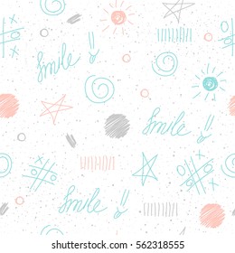 Doodle elements seamless background. Abstract childish blue, grey and pink shapes for card, invitation, wallpaper, album, scrapbook, holiday wrapping paper, textile fabric, garment, t-shirt etc.