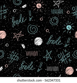 Doodle elements seamless background. Abstract childish blue, white and pink shapes for card, invitation, wallpaper, album, scrapbook, holiday wrapping paper, textile fabric, garment, t-shirt etc