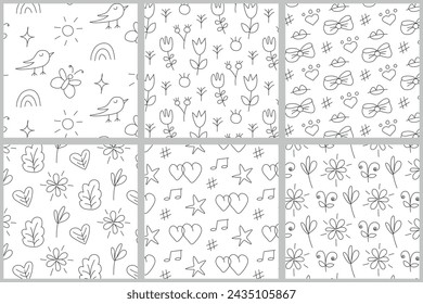 Doodle elements seamless pattern set. Black outline heart, flower, sun, rainbow, leaves, star, lips and berries repeat on white background. Vector illustration.