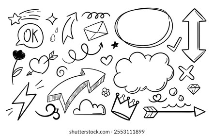 Doodle elements set. Arrows, flower, speech bubble, crown and heart. Back to 80s and 90s. Minimalist creativity and art. Linear vector collection isolated on white background