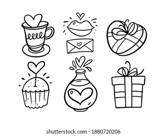 Doodle elements set gift holiday icons. Line art style vector illustration.