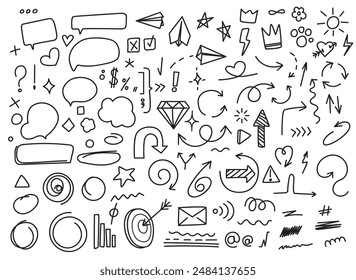 Doodle elements. Sketch underline, arrow and speech bubble, diamond and paper plane. Hand drawn brush stroke highlight, crown and star, sparkle. Vector graffiti line set