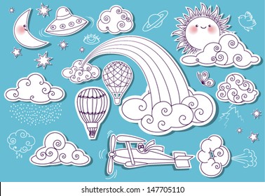 Doodle Elements: Sky  and sun  moon  stars  rainbow   clouds    including flying saucer  biplane   hot air balloons
