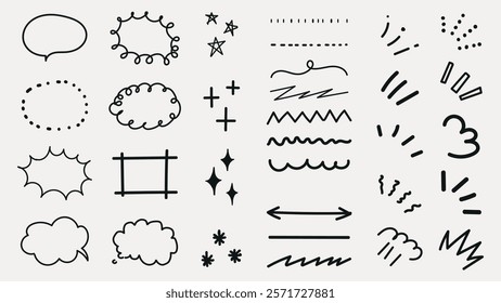 Doodle elements: speech bubbles, arrows, stars, and lines. Sketchy doodles with speech bubbles, arrows, and stars. Fun doodles with lines and speech bubbles. Black hand drawn elements, vector set.