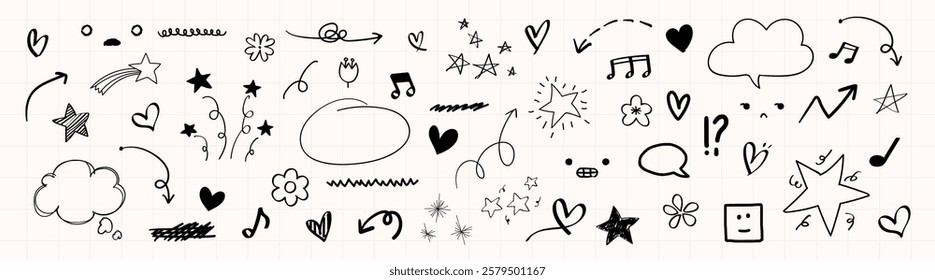 Doodle elements with stars, hearts, and arrows. Playful stars and hearts, musical notes, and arrows. Fun stars, hearts, and arrows for creative designs. Hand drawn vector set.