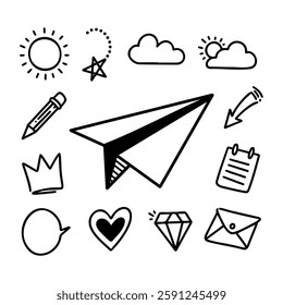 Doodle elements such as paper planes, crowns, love, letters, diamonds, clouds, sun, stars, arrows and others