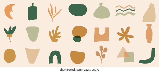 Doodle elements vector set. Hand drawn pastel color, minimal and doodle style collection of organic shapes, leaf branch, flower, crescent moon, vase. Design illustration for sticker, comic, print.