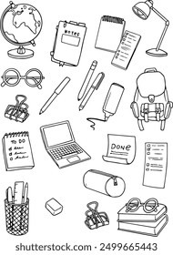 Doodle Elementos para el lugar de trabajo. Vector, ilustración en blanco y negro. se puede utilizar para crear materiales visualmente atractivos e informativos para presentaciones relacionadas con la oficina o el trabajo