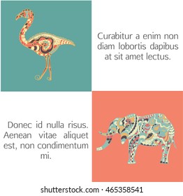 Doodle elephant and flamingo, hand-drawn vector illustration with place for your text.