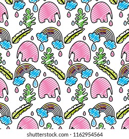 doodle elephant with leaves and rainbow cloud background