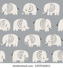 Doodle elephants pattern, neutral tones graphics, gray wallpaper. Cute wildlife illustration for kids, posters, cards, nursery, apparel, scrapbooking.