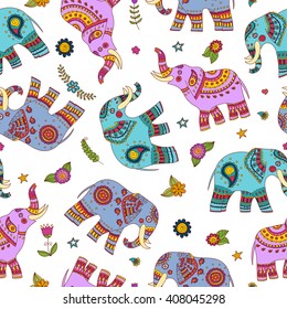 Doodle elephants seamless pattern