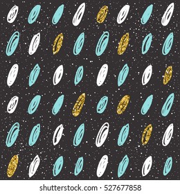 Doodle ellipse seamless background. White, blue and gold shape. Abstract ellipse seamless pattern for card, invitation,banner, album, book cover, textile fabric, garment etc. Gold glitter texture