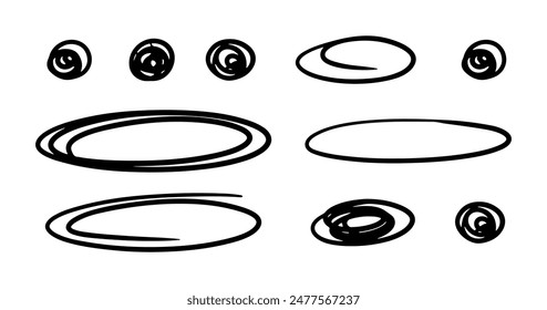 Doodle ellipses set. Scribble ovals by pen or pencil, bubbles to circle and highlight text. Sketch highlights. Handwriting horizontal ellipses isolated on white background.