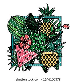 doodle emblem with tropical watermelon and pineapple fruits