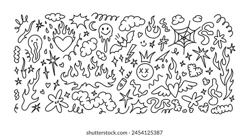 Doodle emo goth design elements. Graffiti urban wall street art background. Hand drawn y2k brutalism elements. Smile emoticons. Fluid liquid organic shapes. Rock and punk sketch drawings