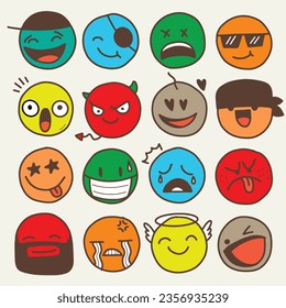 Doodle Emoji face icon collection. hand-drawn sketch design. Emojis with various moods, including happy, sad, and smiling faces. Vector illustration of comic book line art 