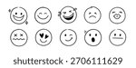 Doodle Emoji face icon set. Hand drawn sketch doodle style. Emoji with different emotion mood, happy, sad, smile face. Comic line emoticon character art. Vector illustration