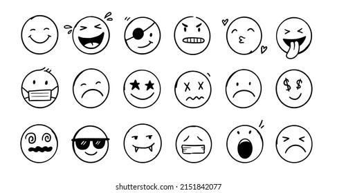 Doodle Emoji face icon set. Hand drawn sketch style. Emoji with different emotion mood, happy, sad, smile face. Comic line art vector illustration.