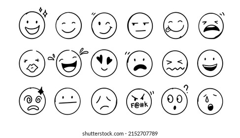 Doodle Emoji face icon set. Hand drawn sketch style. Emoji with different emotion mood, happy, sad, smile face. Comic line art vector illustration.