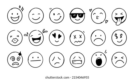Doodle Emoji face icon set. Hand drawn sketch style. Emoji with different emotion mood, happy, sad, smile face. Comic line art vector illustration. - Shutterstock ID 2154046955