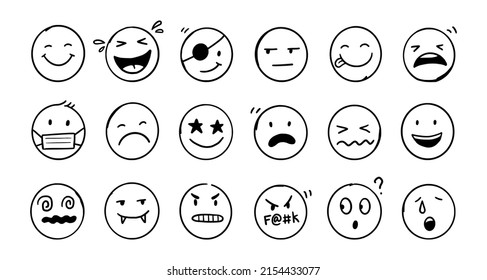 Doodle Emoji Face Icon Set. Hand Drawn Sketch Style. Emoji With Different Emotion Mood, Happy, Sad, Smile Face. Comic Line Art Vector Illustration.