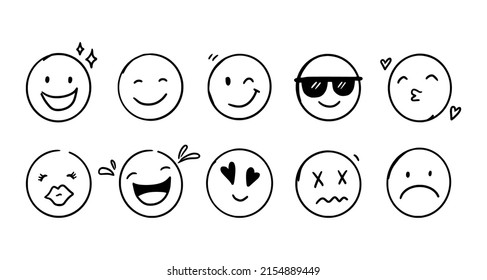 Doodle Emoji Face Icon Set. Hand Drawn Sketch Style. Emoji With Different Emotion Mood, Happy, Sad, Smile Face. Comic Line Art Vector Illustration.