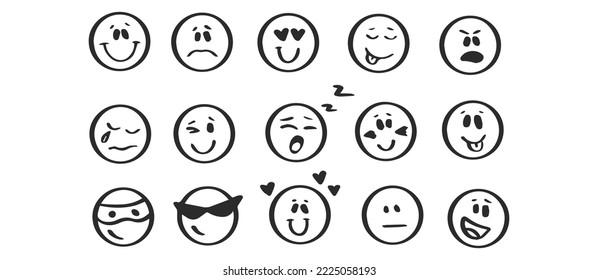 Doodle Emoji face icon set. Hand drawn sketch . Emoji with different emotion mood, happy, sad, smile face. Line art vector illustration.