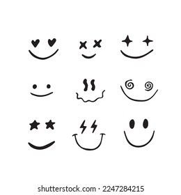 Doodle Emoji face icon set. Sketch. Emoji with different emotion mood. Vector illustration.