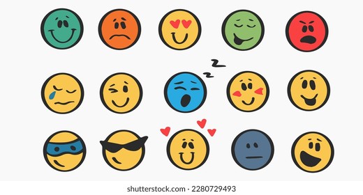 Doodle Emoji face icon set. Hand drawn sketch . Emoji with different emotion mood, happy, sad, smile face. Vector illustration.