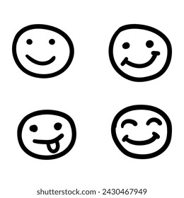 Doodle Emoji face icon set. Vector hand drawn emoticon characters. Cartoon comic symbol hand drawn isolated on white background.