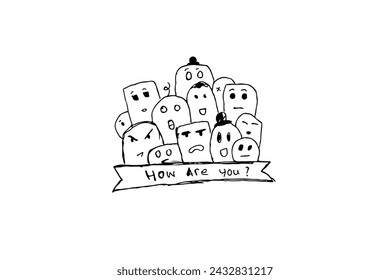 Doodle Emoji face icon set. Hand drawn sketch style
