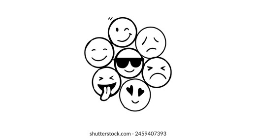 Doodle Emoji face icon set. Hand drawn sketch style. Emoji with different emotion mood, happy, sad, smile face.