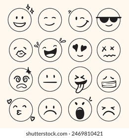 Doodle Emoji face icon set. Hand drawn sketch style. Emoji with different emotion mood, happy, sad, smile face with illustration style doodle and line art