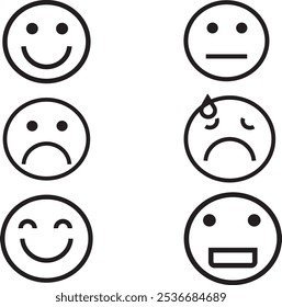 Conjunto de iconos de cara Doodle Emoji. Estilo de boceto dibujado a mano. Emoji con diferente sentimiento de emoción, cara feliz, triste, sonrisa.