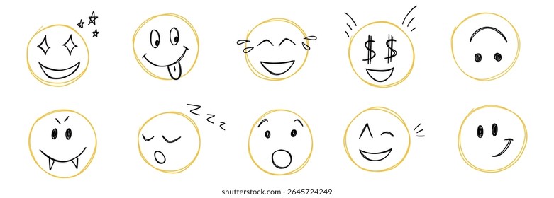 Doodle emoji face icon set. Kids hand drawn sketch. Emoticons, different emotion. Laugh, sleep, happy, vampire, surprised smiling scribble. Freehand drawing comic isolated vector illustration